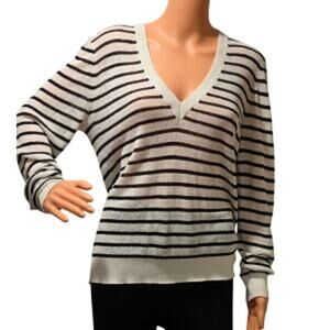 Veronica Beard Jeans Dean Striped Pullover Sweater Linen Blend Deep V-Neck XL